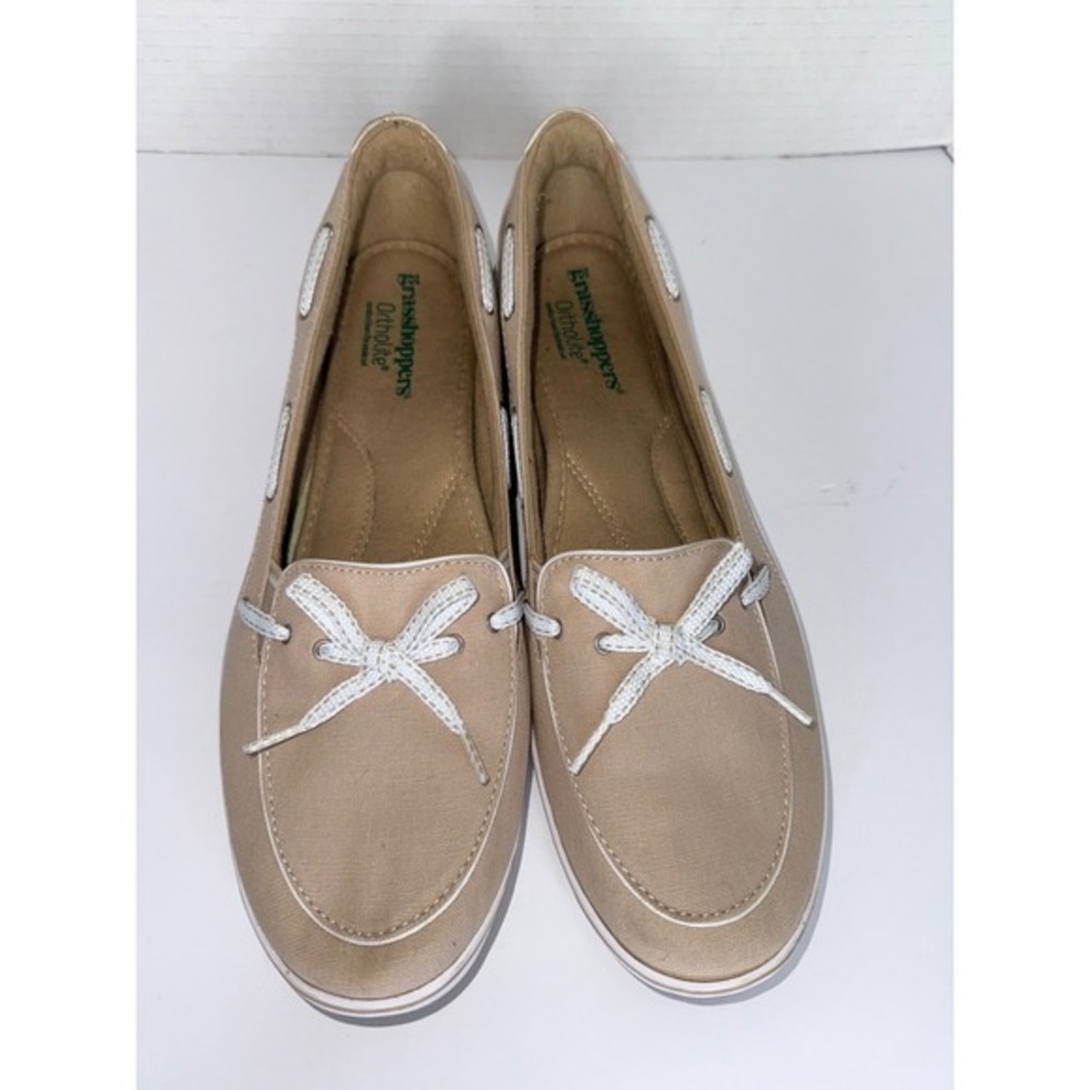 Grasshoppers Boat Shoes 11 Tan Canvas Ortholite Slip On Flats Preppy Coastal